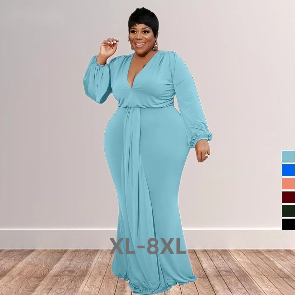 Plus Size Autumn Elegant Clothes Mermaid Maxi Long Dresses Women Solid Color Full Sleeve Dress Whol 3xl 4xl 5xl 6xl