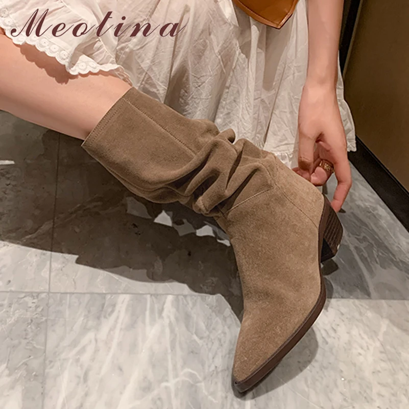 

Женские ботинки до середины икры Meotina, плиссированные ботинки из натуральной коровьей замши, с острым носком, на плоской подошве, цвета хаки, 40, Осень-зима