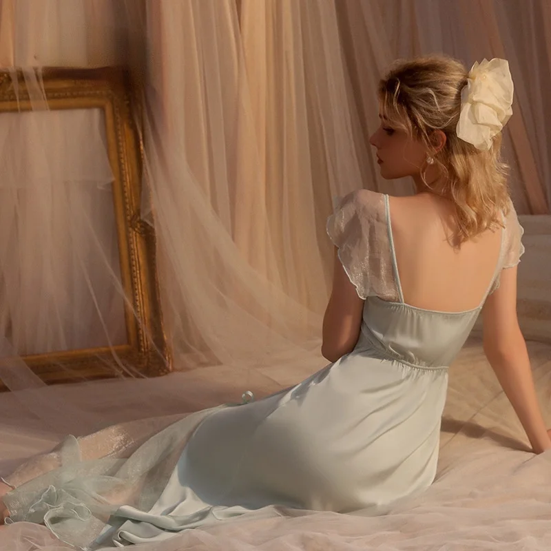 Lisacmvpnel Solid Color Long Design Women Nightdress Backless Gauze Lace Patchwork Nightwear