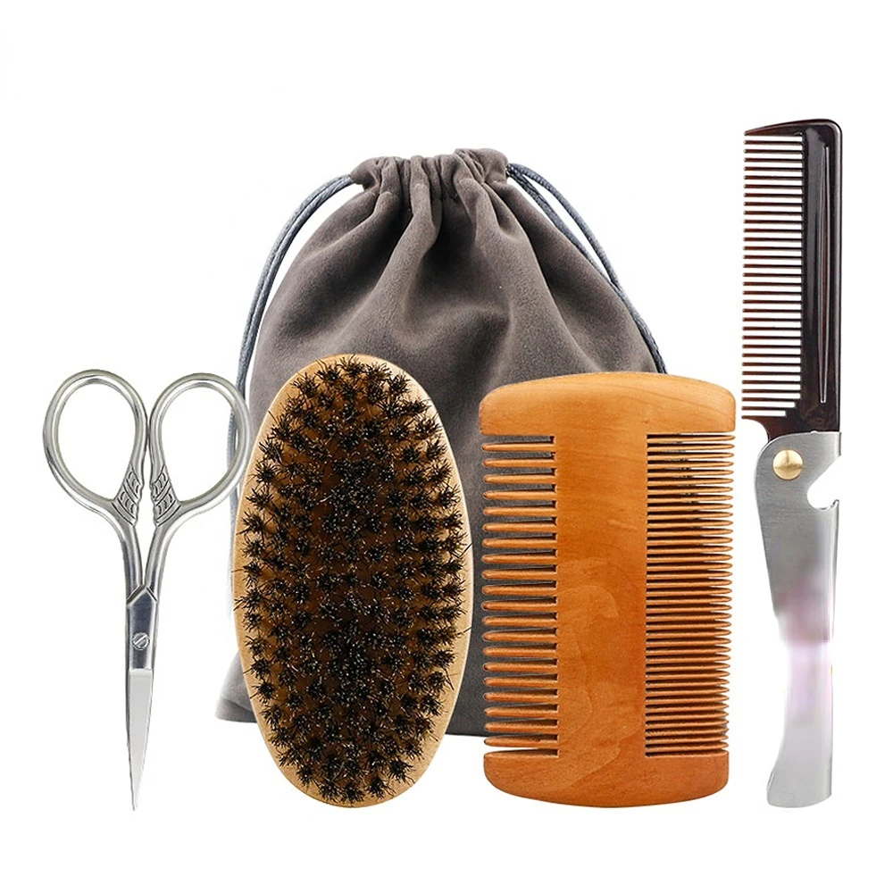 2/3/4Pcs Beard Set Mustache Grooming Scissors Care Set Massage Brush Beard Comb Wood Beard Grooming Kit For Men