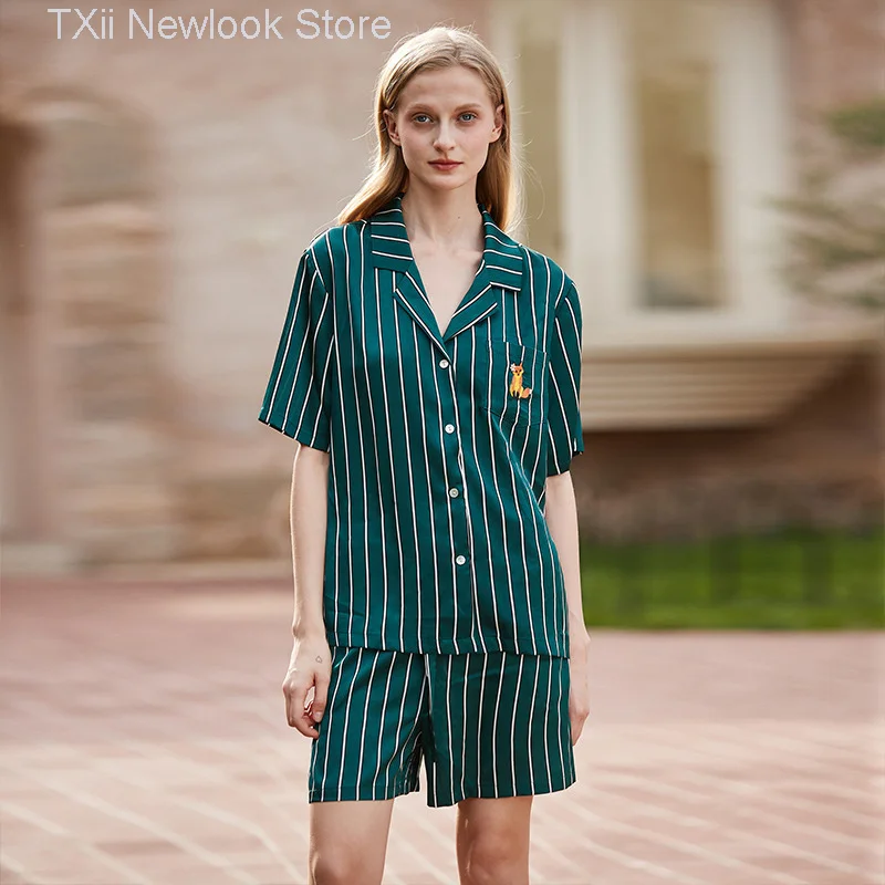 

[Green Fox] Summer New Embroidered Green Stripe Printing Ice Silk Short Sleeve Pajamas Home Clothes Set