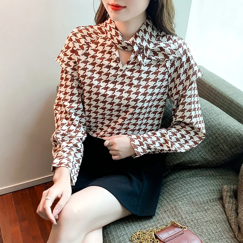 

Summer Shirt Women Blouse Long Sleeve Casual Korean Fashion Houndstooth Poplin Splicing Slim Fit V-neck Houthion