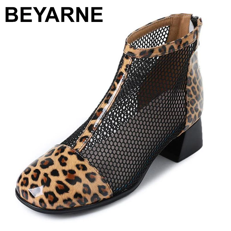 

Genuine Cow Patent Leather Summer Women Sandals Mesh Ankle Boots 2023 Large Size Breathable Thick Heels Fashion Sandals