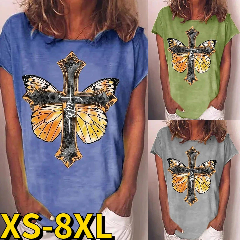 

Summer New Design Butterfly Print Short Sleeve Women's Daily Casual Jacket Round Collar Simple Style T-shirt Ladies Clothing
