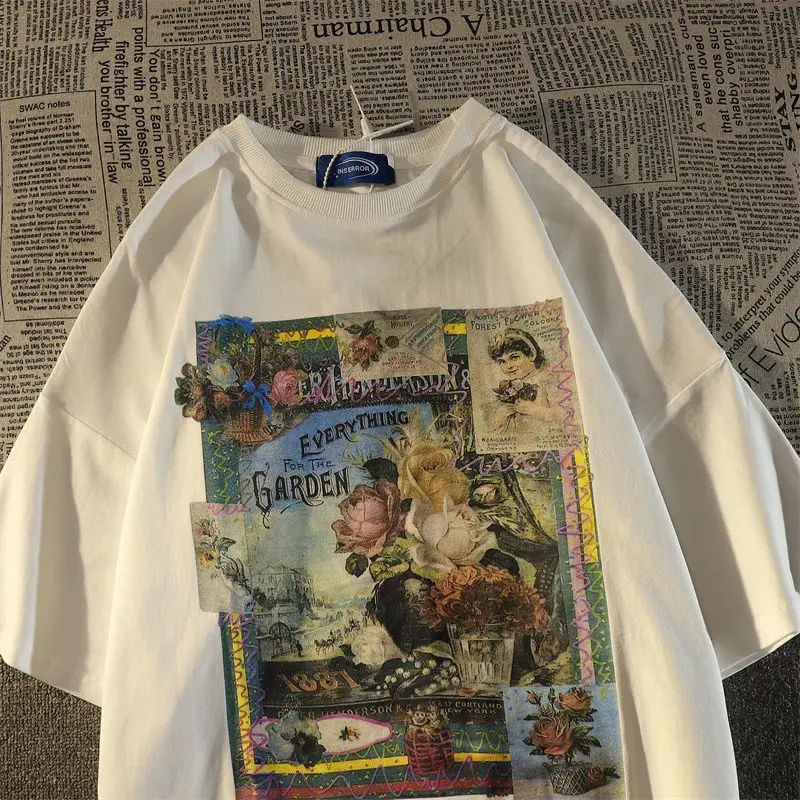 

European and American high street tide brand vintage short sleeved t-shirt summer ins loose street retro couple tops gothic