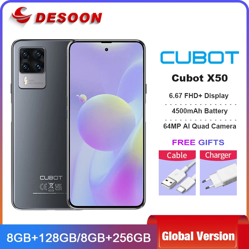 Cubot X50 8GB+128GB Smartphone NFC 64MP Quad Camera 32MP Selfie 4500mAh Cellphone 6.67