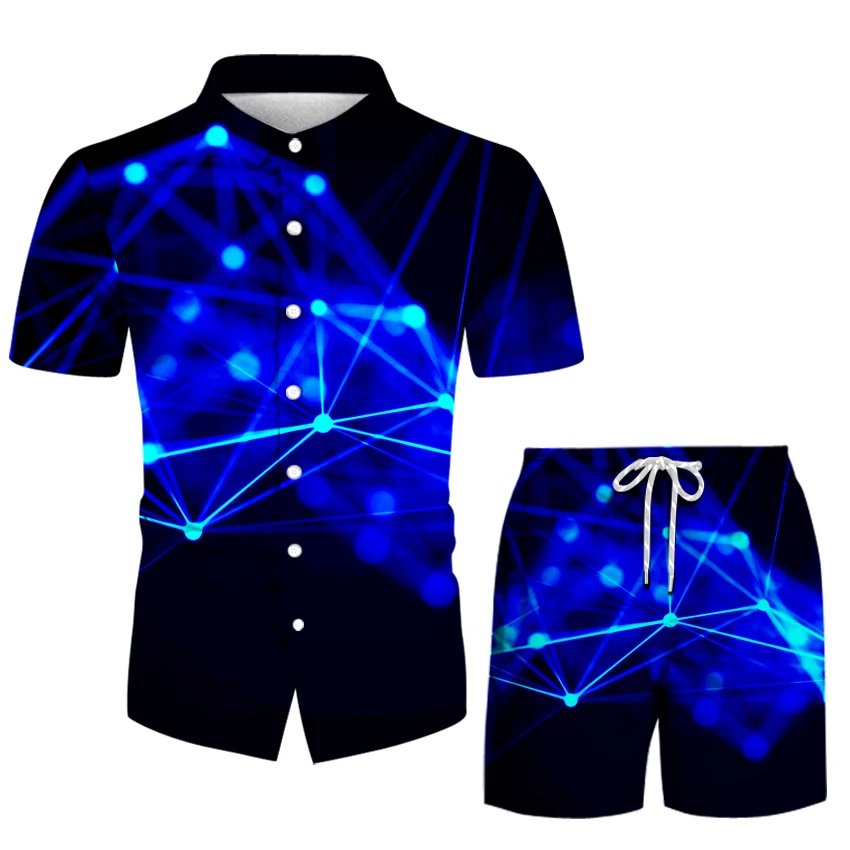 Men's Shorts + Short Sleeve Shirt Printed Single Breasted V-Neck Business Casual Suit Summer Men's Pattern Shirt Travel Suit New