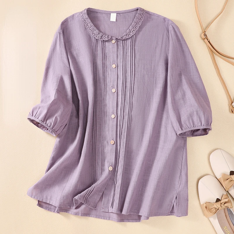

Cotton Linen Shirt for Women Summer 2023 New In Solid Lace Patchwork Blouses Casual Loose Fashion Short Sleeve Top O-Neck
