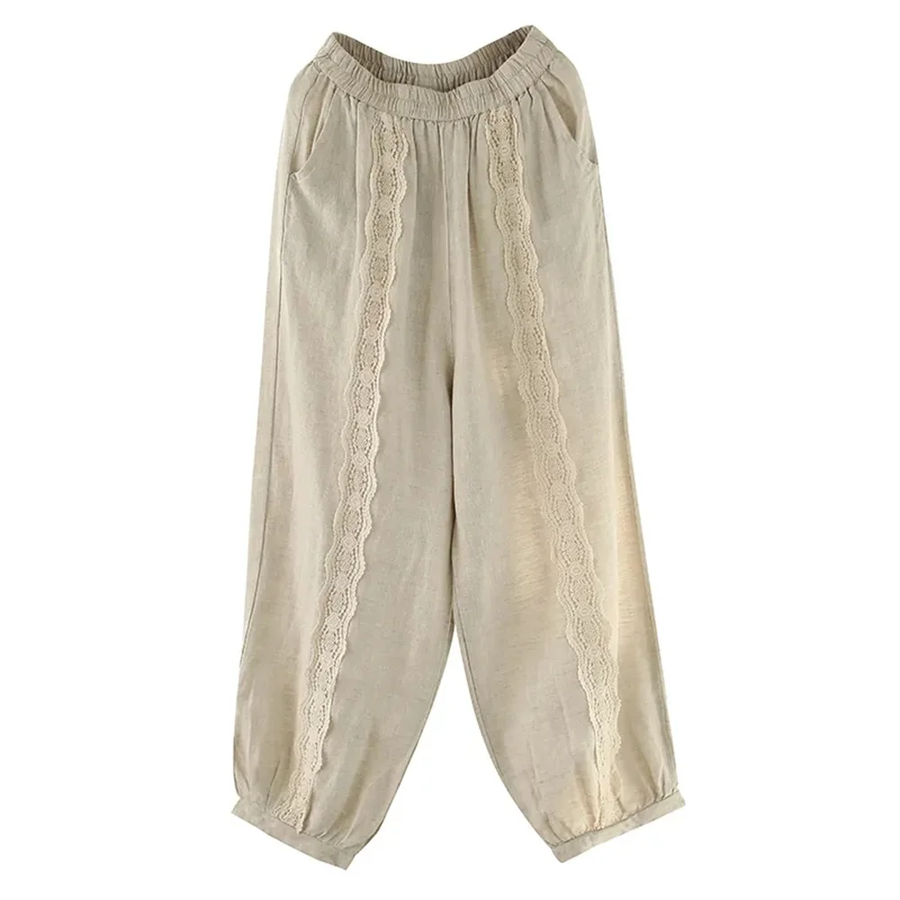 

Lace edge cotton and linen casual bloomers women's size spring and summer new fashion chic elegant high waist nine Harlan pants