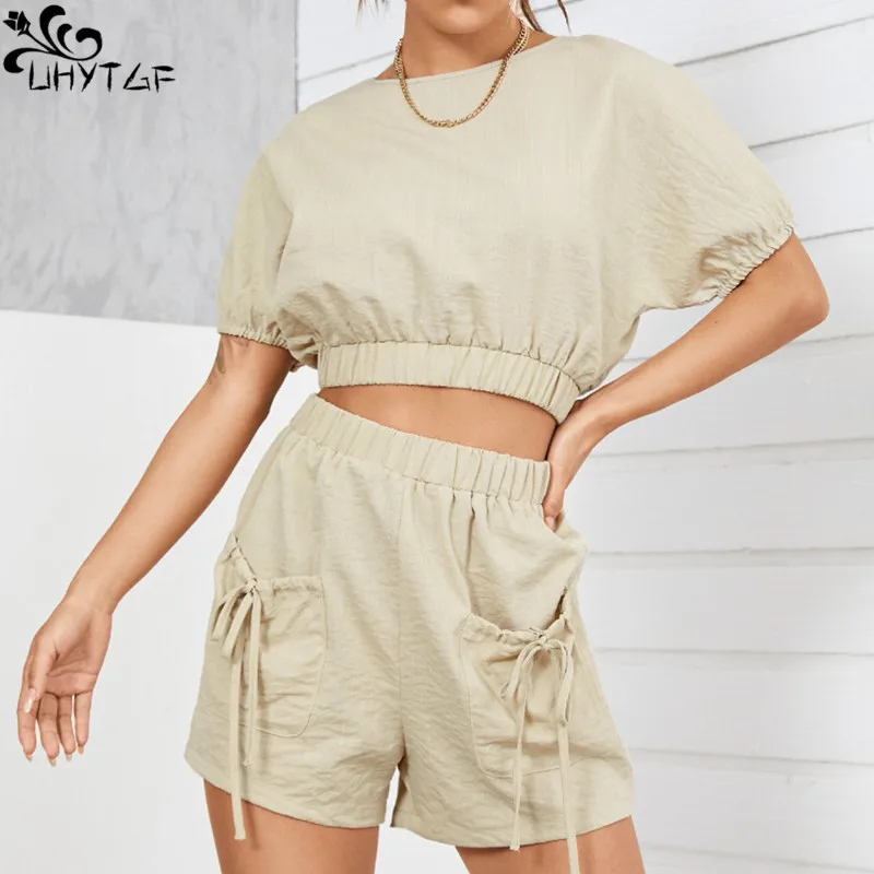 

Шорты UHYTGF женские из хлопка и льна, повседневные дизайнерские узелковые топы с открытой спиной и карманами, с эластичным поясом, комплект из двух предметов, на лето
