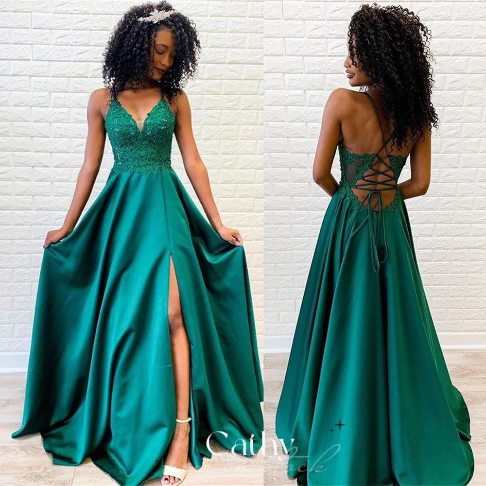 Elegant Silk Satin Party Dress Emerald Green Prom Dresses Sexy Spaghetti Strap Vestidos De Fiesta Lace Up Back Evening Dress