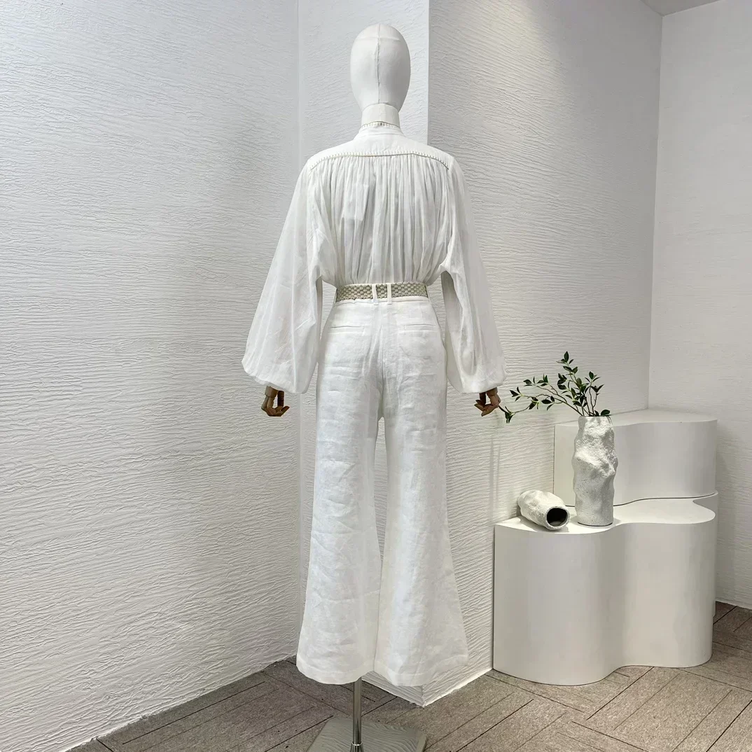 Высочайшее качество новинка 2024 льняная блузка с рукавами-фонариками и