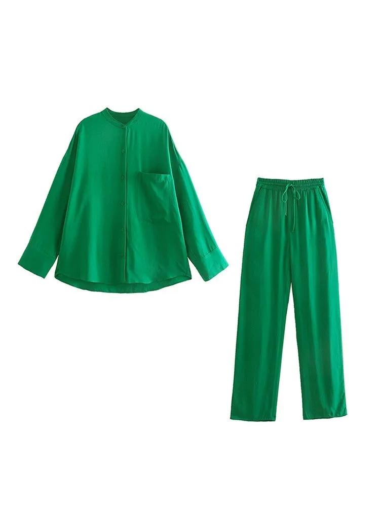 

Huaxiafan Women Fashion With Pockets Cozy Loose Blouses Vintage High Elastic Waist Straight Pants Female Sets Mujer
