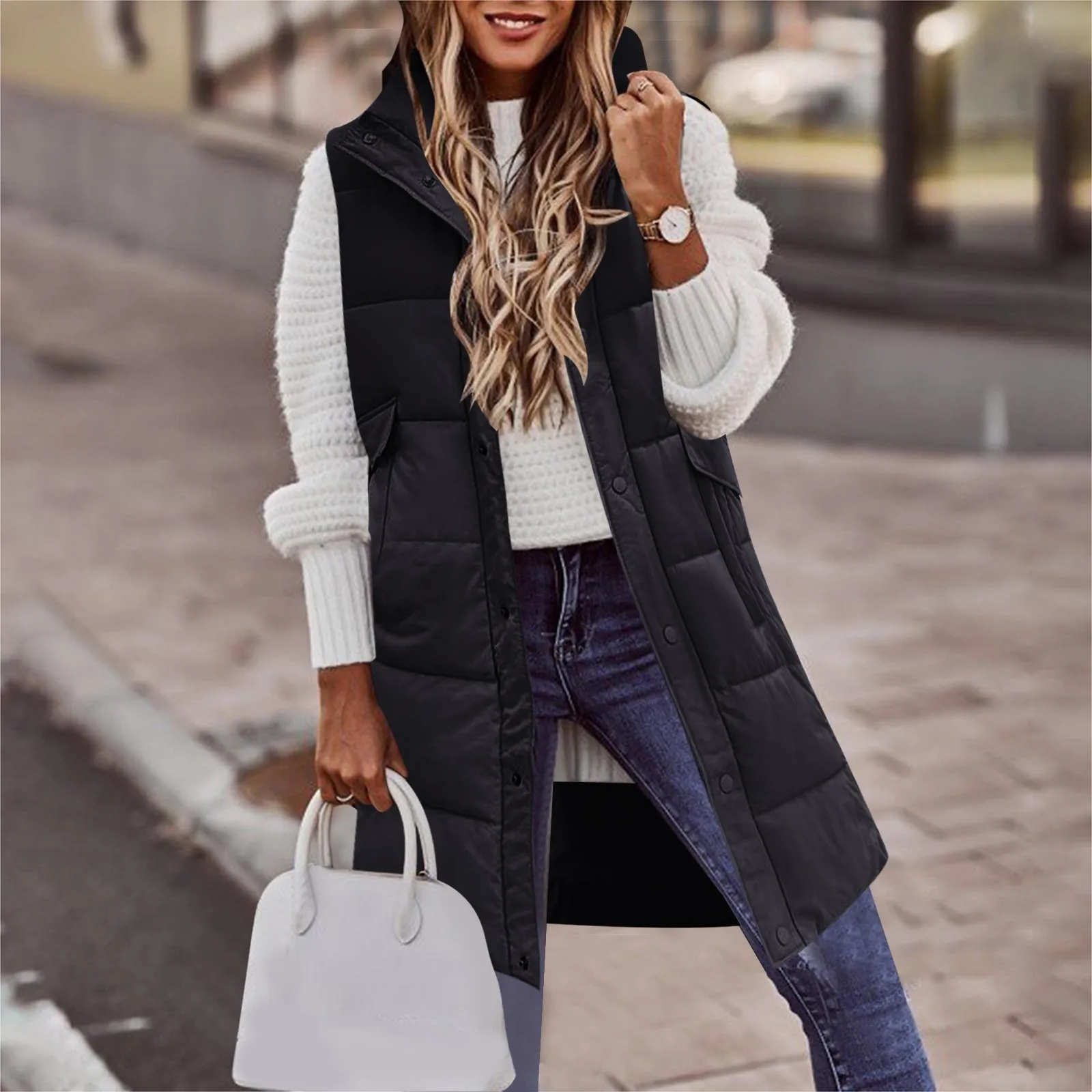 

Women's Winter Vests Long Down cotton Jacket Solid Hooded Padded Waistcoat Loose Females 2022 Fashion Casual Sleeveless Coat