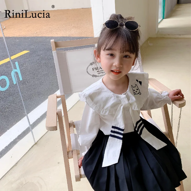 

RiniLucia Autumn Children Clothes Korean Style Girls Cute Sailor Collar Lapel Loose Baby Shirt Long Sleeve Cotton Tops Blouse