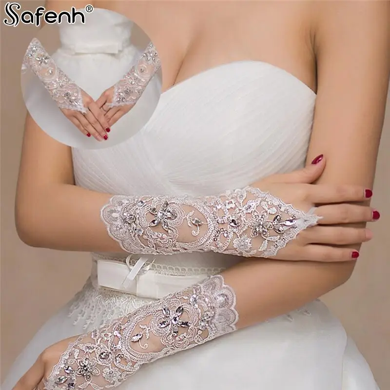 

1Pair Short White Ivory Women Fingerless Bridal Gloves Elegant Short Paragraph Rhinestone Lace Glove Wedding Accessories