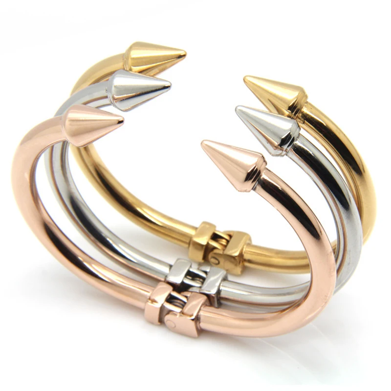 

Top Quality Stainless Steel Jewelry Conical Arrows Bracelets & Bangles Wholesale Gold Color Cone Nail Cuff Bracelet For Women