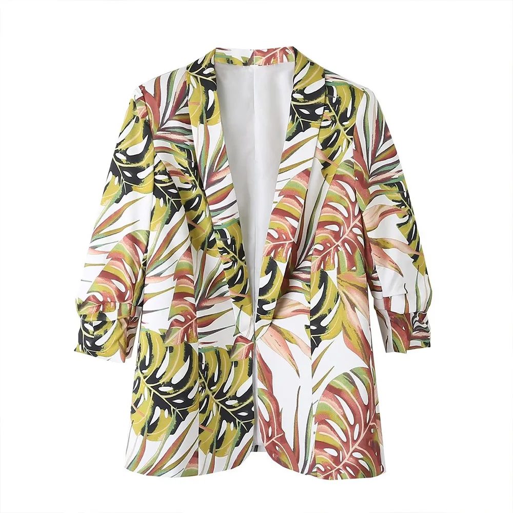 

PB&ZA spring new women's fashion lapels loose and versatile printed cuffs wrinkled long sleeve blazer