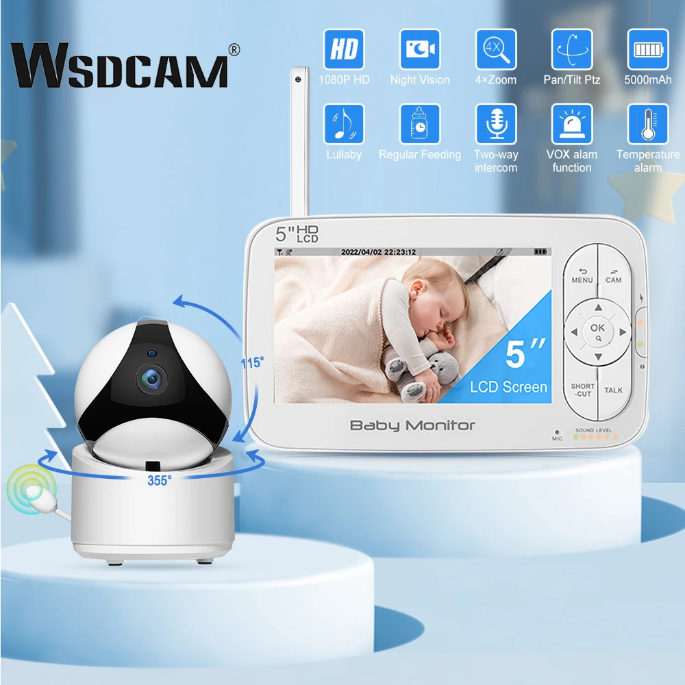 

Wsdcam 5 Inch 1080P Baby Monitor with Surveillance Camera Two-Way Talk Baby Nanny Camera VOX Night Vision Wireless Video Camera