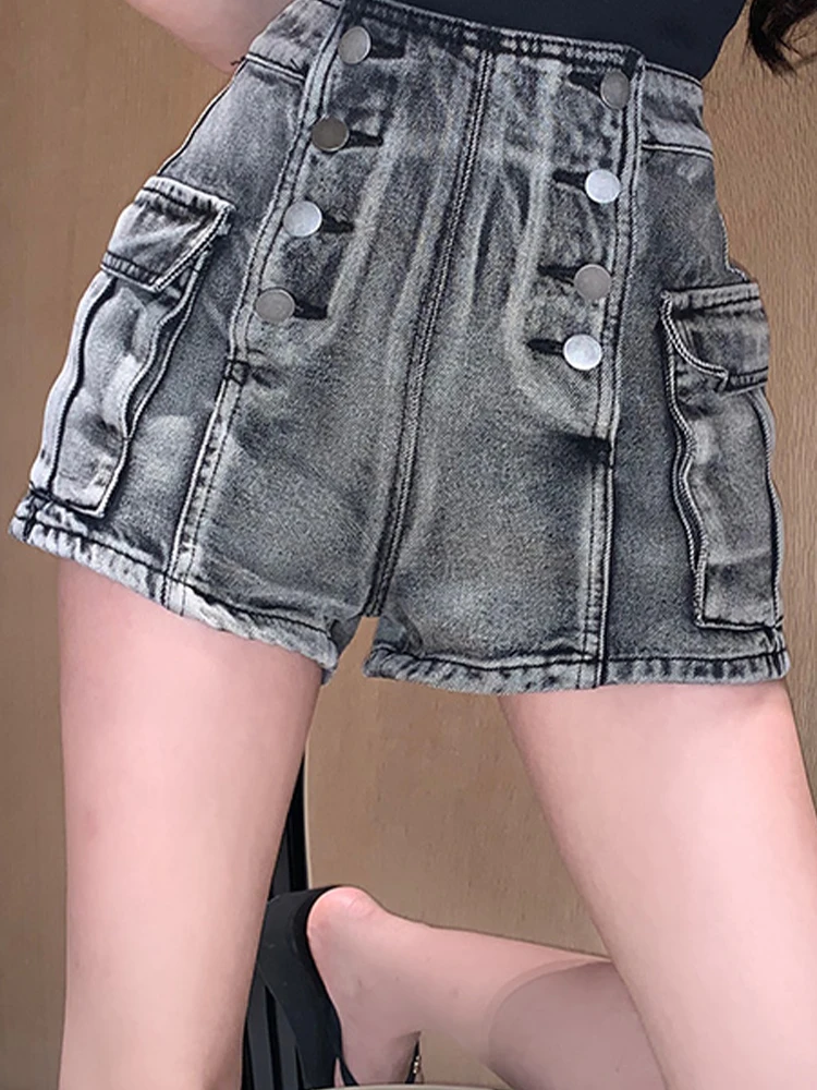 

Casual Denim Short Pants Double -Breasted Loose Waist Big Pocket Hot Pants 2022 New Korean Fashion Women'S Clothing