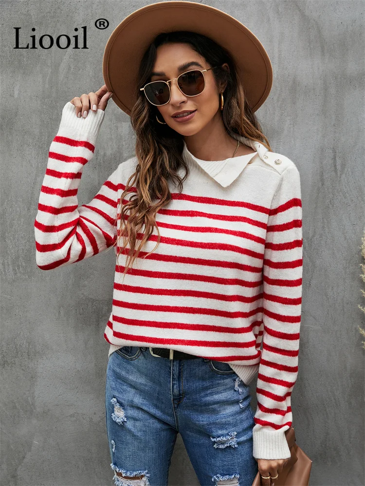 

Liooil Black Red Stripe Button Knit Ribbed Sweater Long Sleeve Knitting Pull Tops Female Jumpers Women Knitted Pullover Sweaters