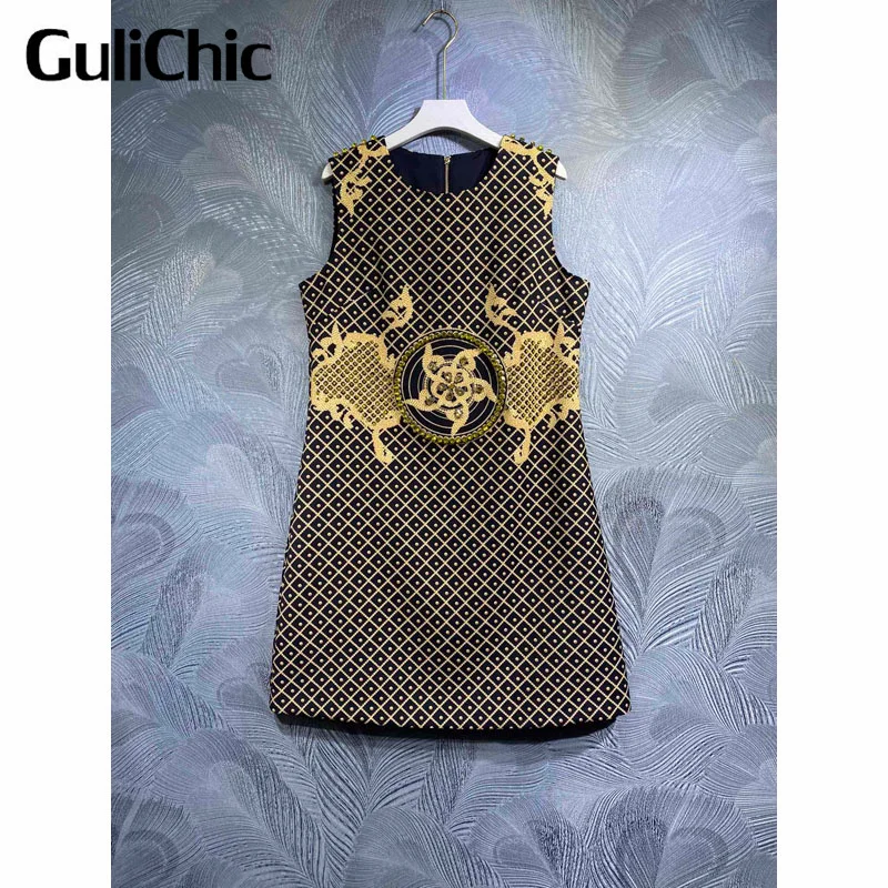 3.25 GuliChic Women Vintage Contrast Color Argyle Plaid Dot Print Diamonds Sleeveless Dress
