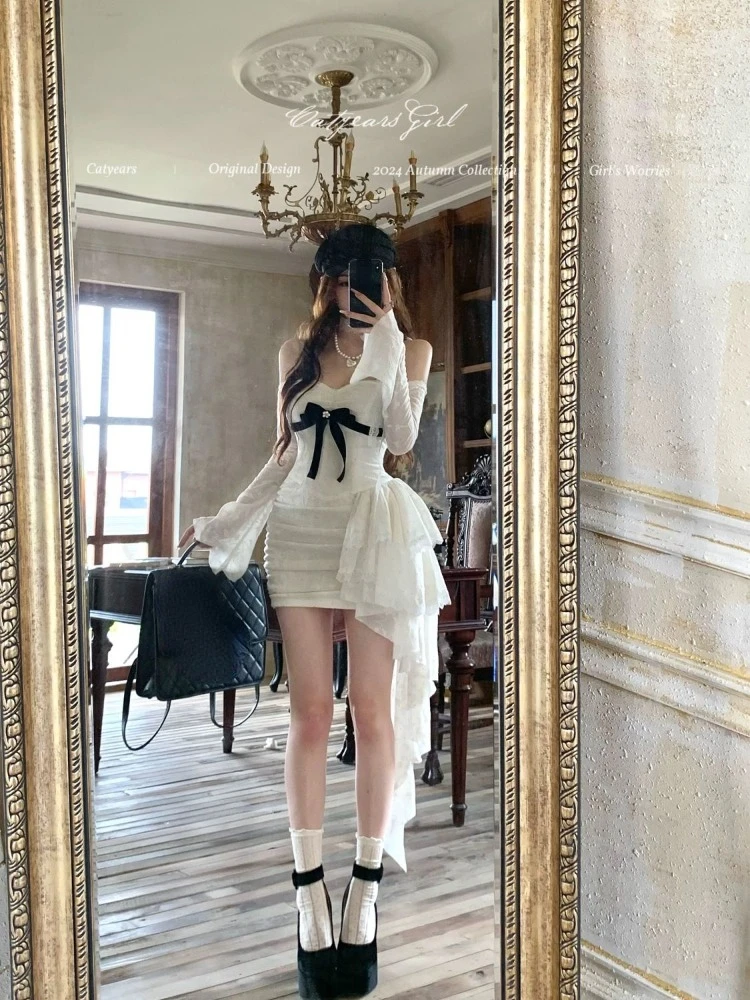 Женское облегающее платье с длинным рукавом Привлекательное бантом открытыми