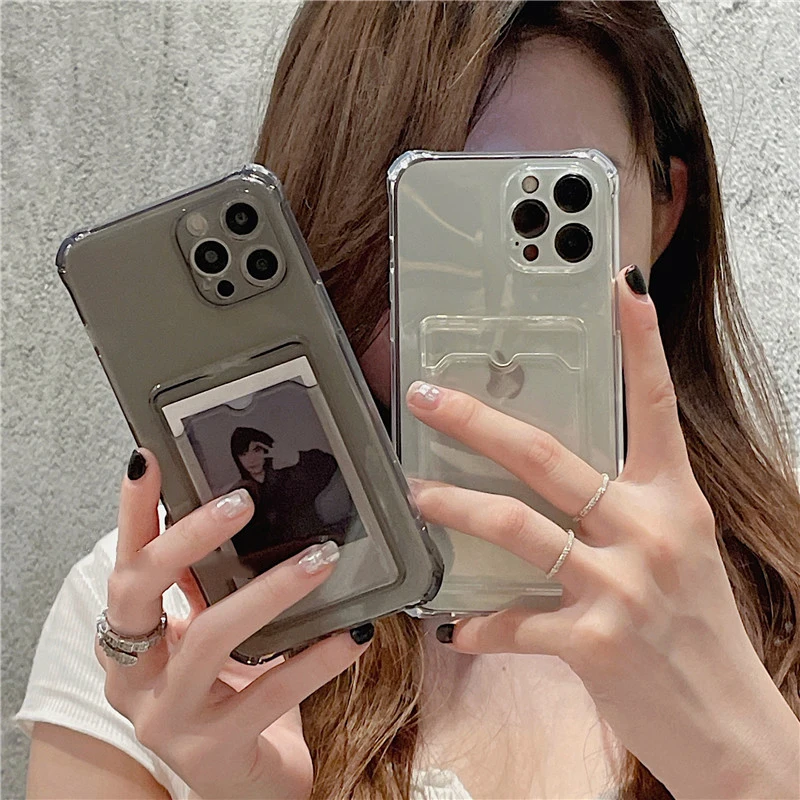 

Transparent Card Slot Bag Holder Phone Case for iPhone 14 13 12 11 Pro Max SE 2020 X XR XS 8 7 Plus Luxury Silicone Cover