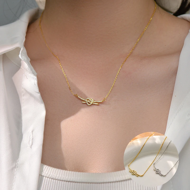 

100% 925 Sterling Silver Zircon Love Heart Necklace for Women Girl Knot Fine Chain Design Jewelry Party Gift Dropshipping
