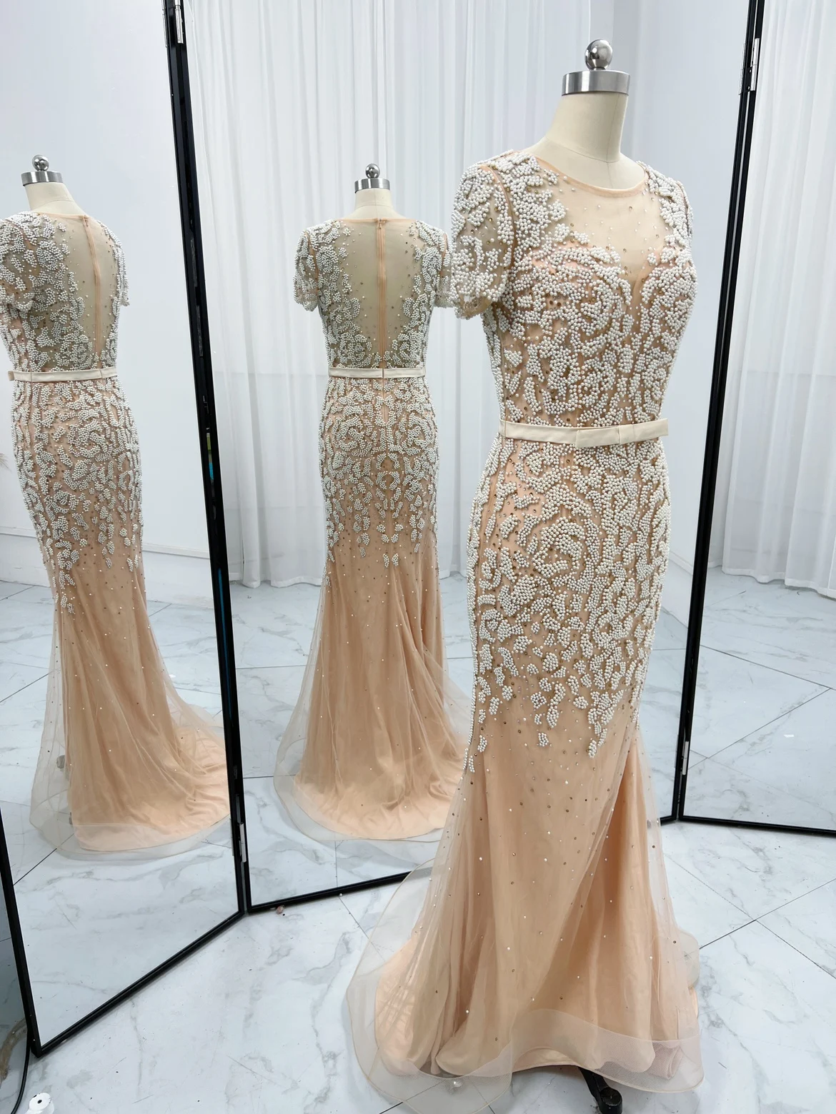 

CloverBridal Actual Photos Heavily Beaded Pearls Evening Dress Champagne Short Sleeves Mermaid Plus Size vestidos de fiesta M007