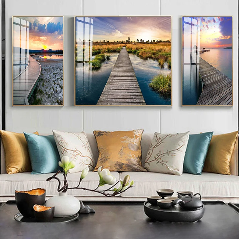 

Modern Natural Seaside Scenery Waves Sailing Bridge Pavilion Poster Canvas Print Art Wall Living Room Decoration