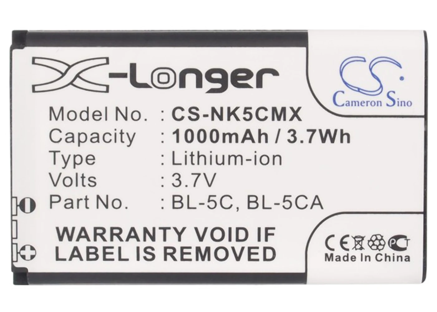 

Cameron Sino 1000mA Battery for Nokia C2-06, C2-07, E50, E60, LD-3W, N70, N71, N72, N91, N91 8GB, N-Gage 2600 BL-5C, BL-5CA