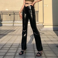 women casual minimalist black wet look leggings high waist lace up trousers classic pu faux leather pants