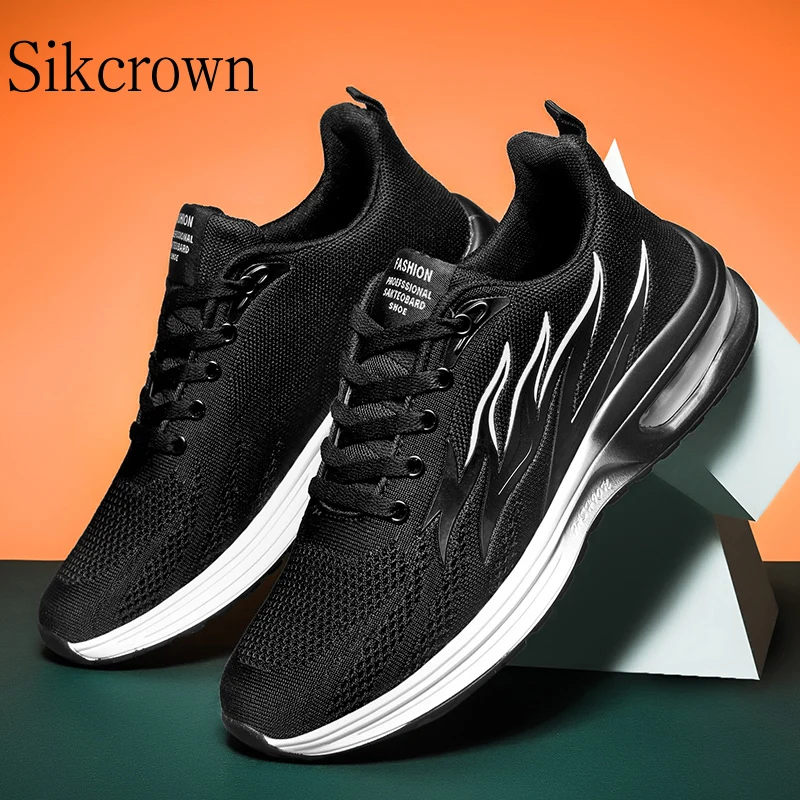 Summer Breathable Sneakers for Men Big Size 45 Black Running Shoes Flame Printed Knit Athletic Sports Cushioning Jogging Trainer
