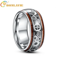 bonlavie 10mm inlaid wood grain gear pattern tungsten carbide ring mens fashion wedding jewelry best gift aaa quality
