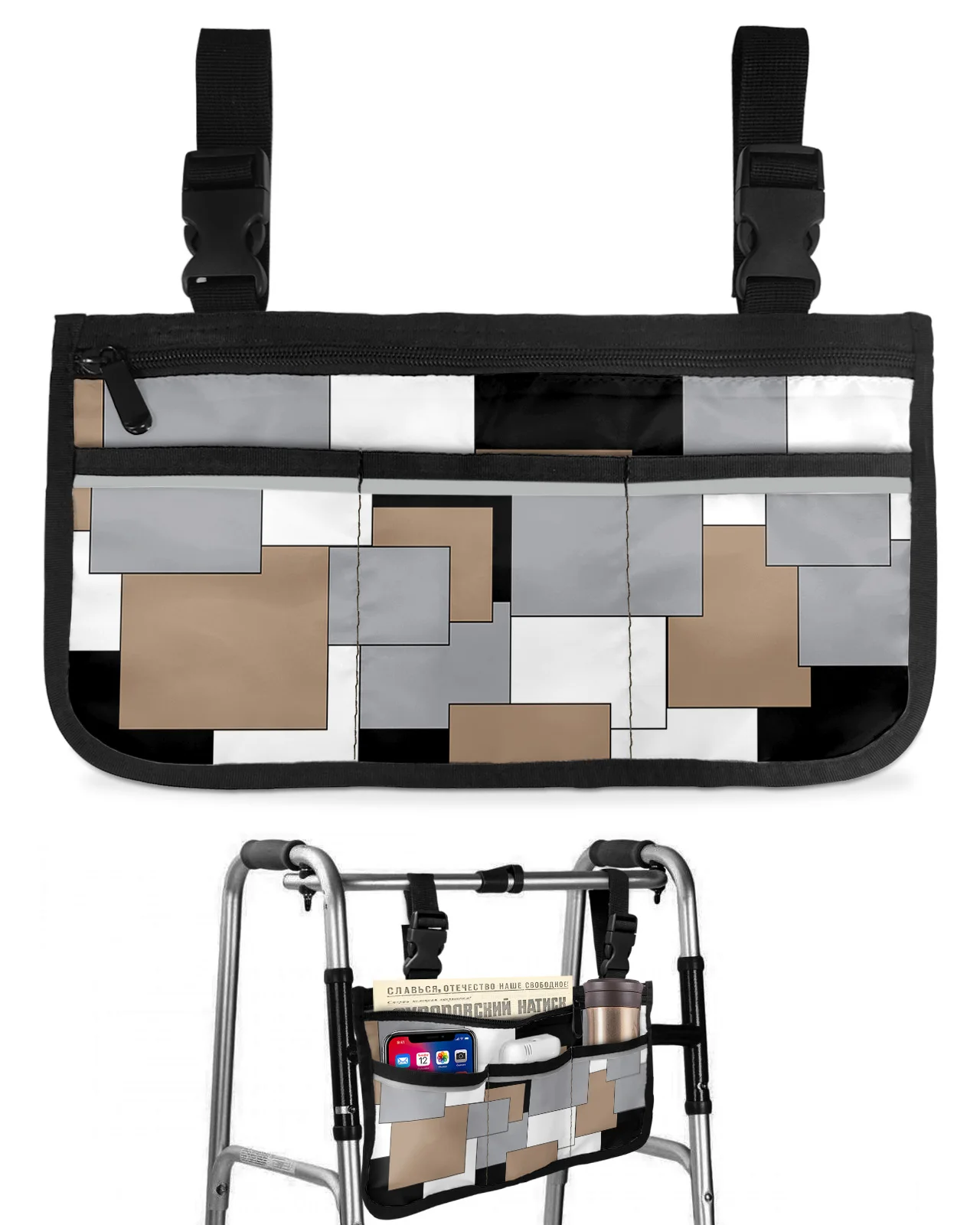 

Brown Grey Patchwork Abstract Art Wheelchair Bag With Pockets Armrest Side Bags Electric Scooter Walking Frame Storage Pouch