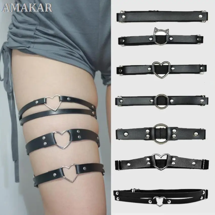 

Women Sexy Harajuku Elastic Pu Leather Leg Ring Lingerie Belt Garter Rivet Thigh Ring Heart Harness Stockings Garter Punk Goth