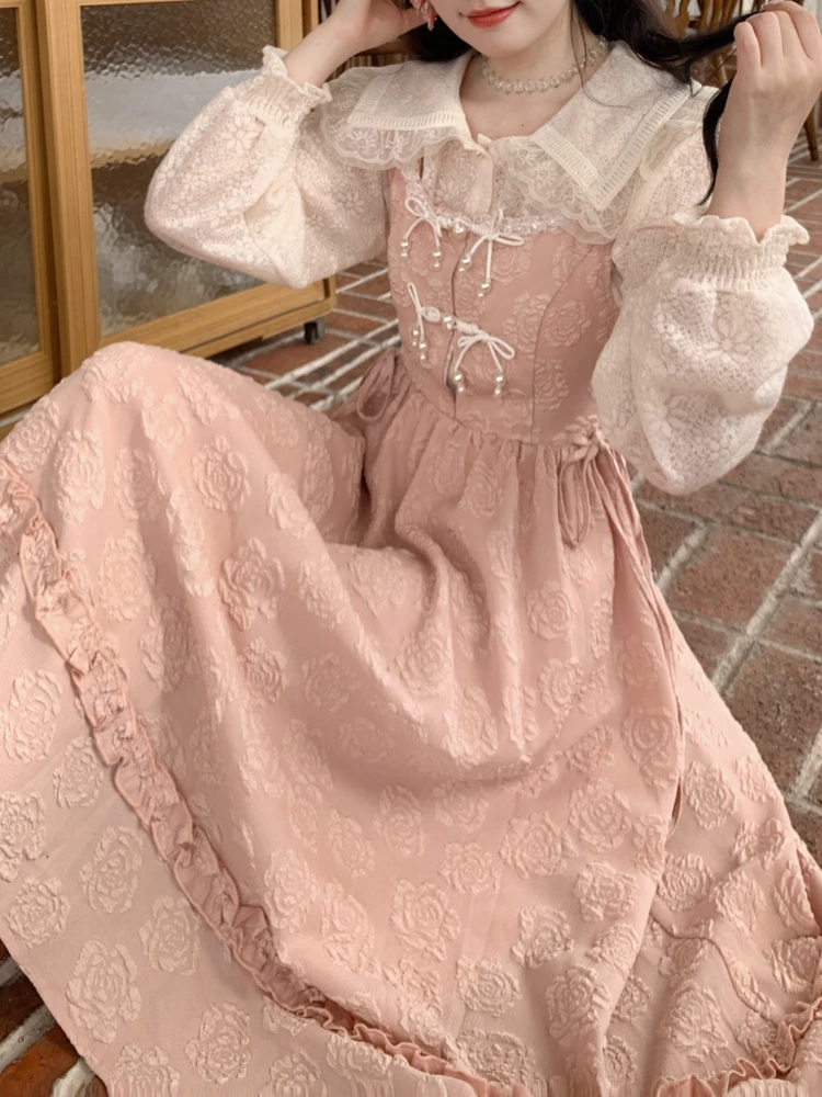 

Elegant Evening Party Midi Dress Women Pink Lace Korean Kawaii Lolita Strap Dress France Vintage Sweet Fairy Dress Autumn 2022