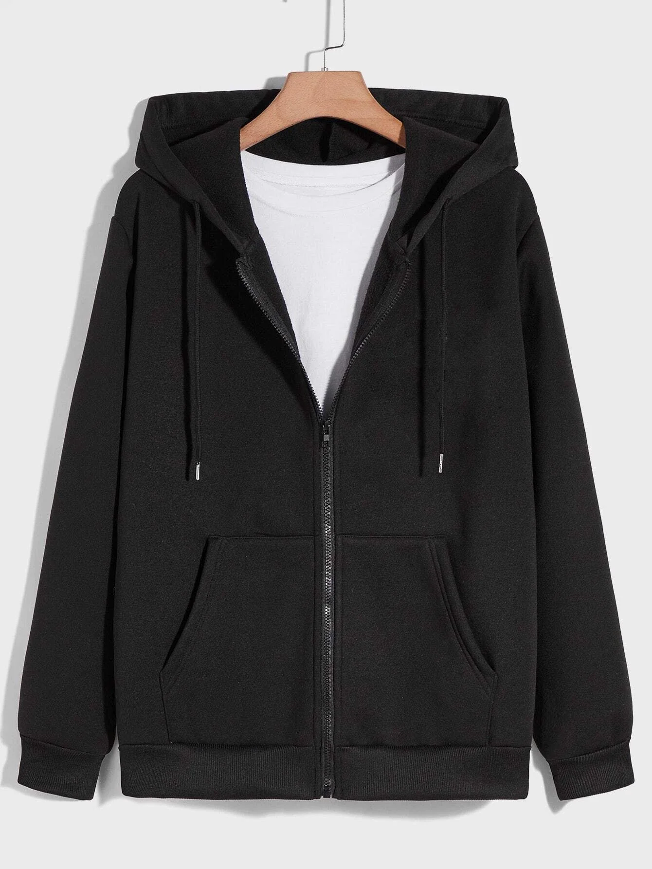 

ROMWE Guys Solid Zip Up Pocket Drawstring Hoodie Without Tee