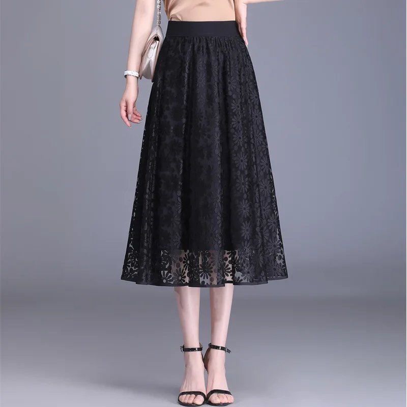 

Black Lace Mesh Long Skirt for Women 2022 Summer Vintage Elegant Loose Big Swing Elastic High Waist A-line Casual Skirts 9335