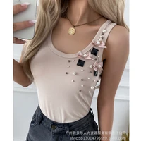 womens vest womens casual sleeveless bow pullover vest summer fashion solid color round neck bead vest top