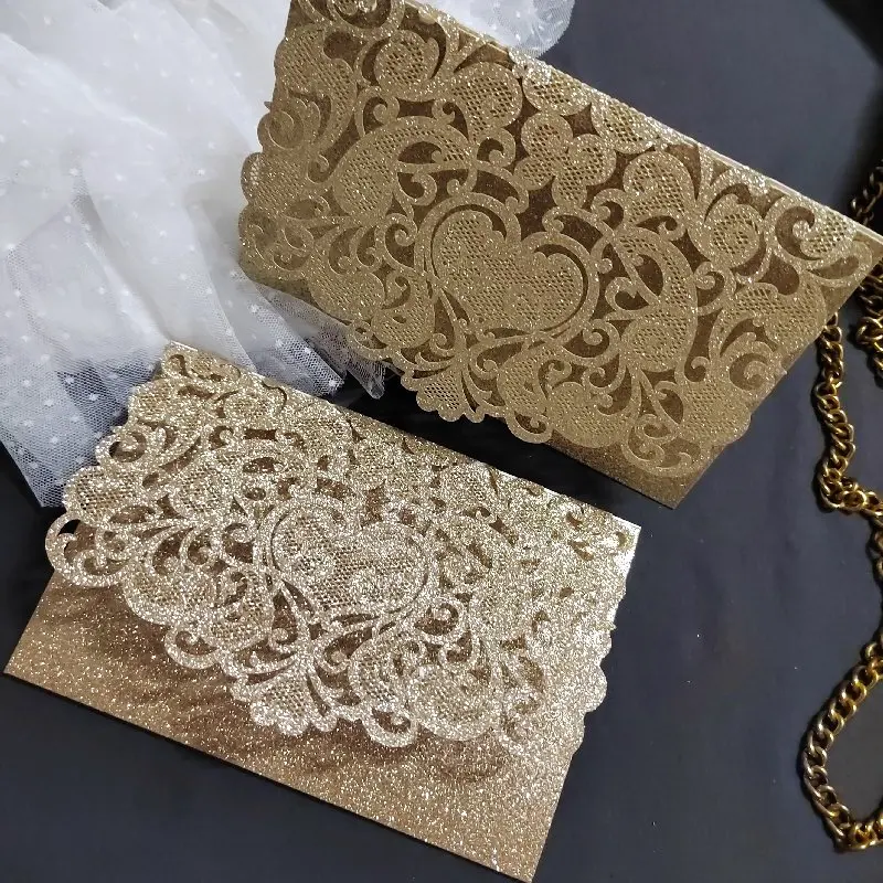 

50pcs Glitter Gold Vine Tri-Fold Wedding Invitations Cards Pocket Glitter Paper Hollow Carving Greeting Invites Covers Only