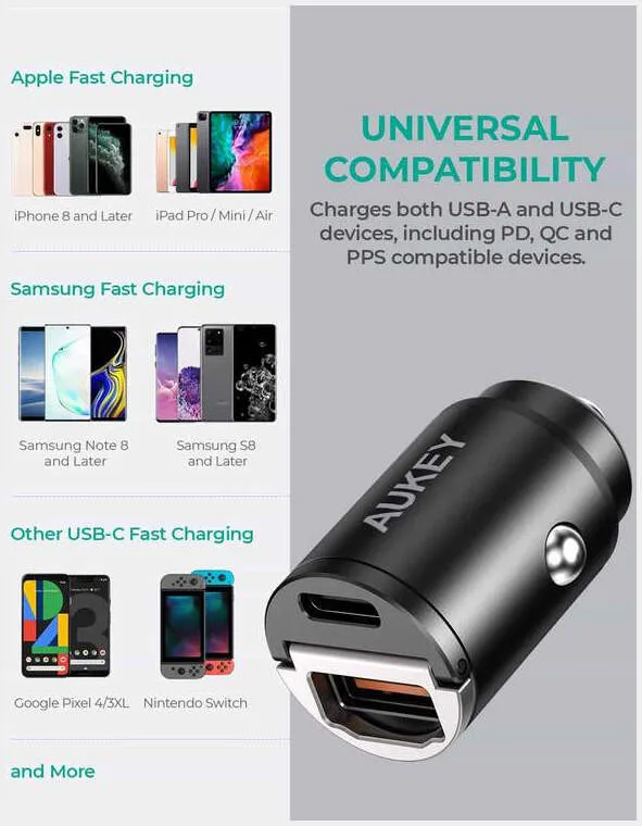 Автомобильное зарядное устройство Aukey 30W PD Metal Dual Port Fast Car Charger with PPS &amp QC 3.0 цвет