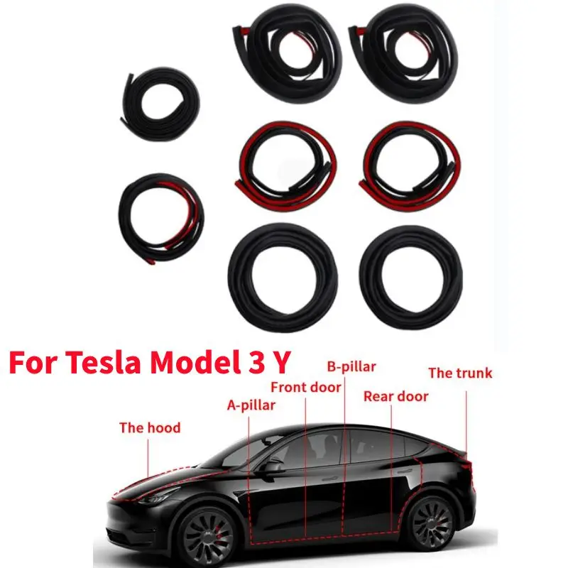 

For Tesla Model 3 Y 8pcs Car Door Seal Strip Kit Soundproof EPDM Rubber Weatherstrip Auto Trunk Hood Dashboard A B Pillar Trim