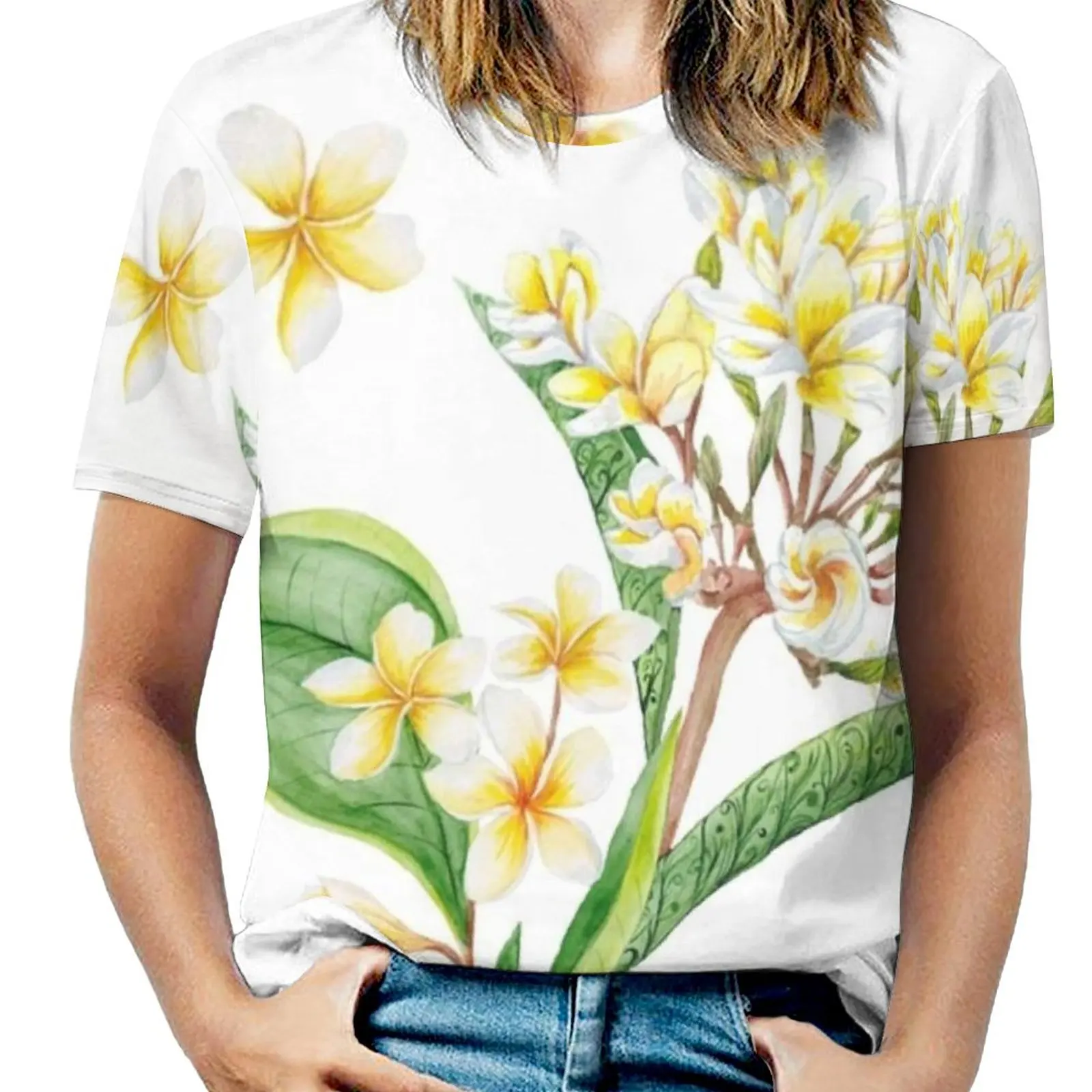 

Футболка женская с круглым вырезом и коротким рукавом, модный топ с акварельным принтом тропических растений, в стиле Харадзюку