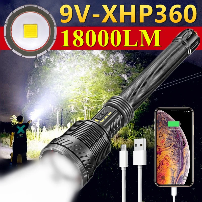 18000LM XHP360 Powerful LED Flashlight USB Charging Zoom High Power Torch COB/P120 Outdoor Camping Hunting Searchlight