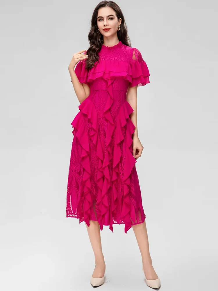 

MoaaYina, модное подиумное платье, летнее женское платье с коротким рукавом, ажурное, гофрированное, кружевное, лоскутное, винтажные вечерние платья