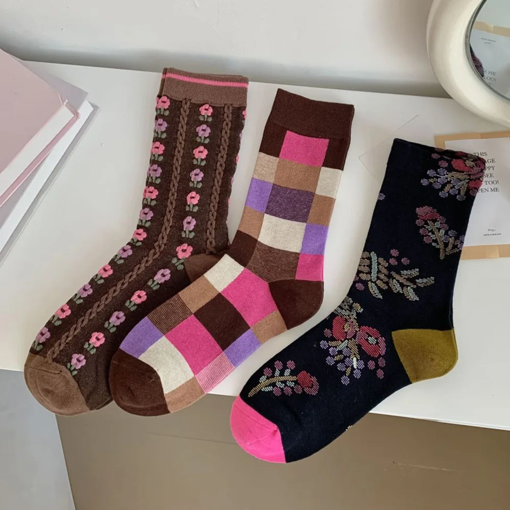 

3 Pair Fashion Square Women Socks Kawaii Flower Long Socks Set Autumn Winter Footsocks Luxury Brand Designer Ethnic Style