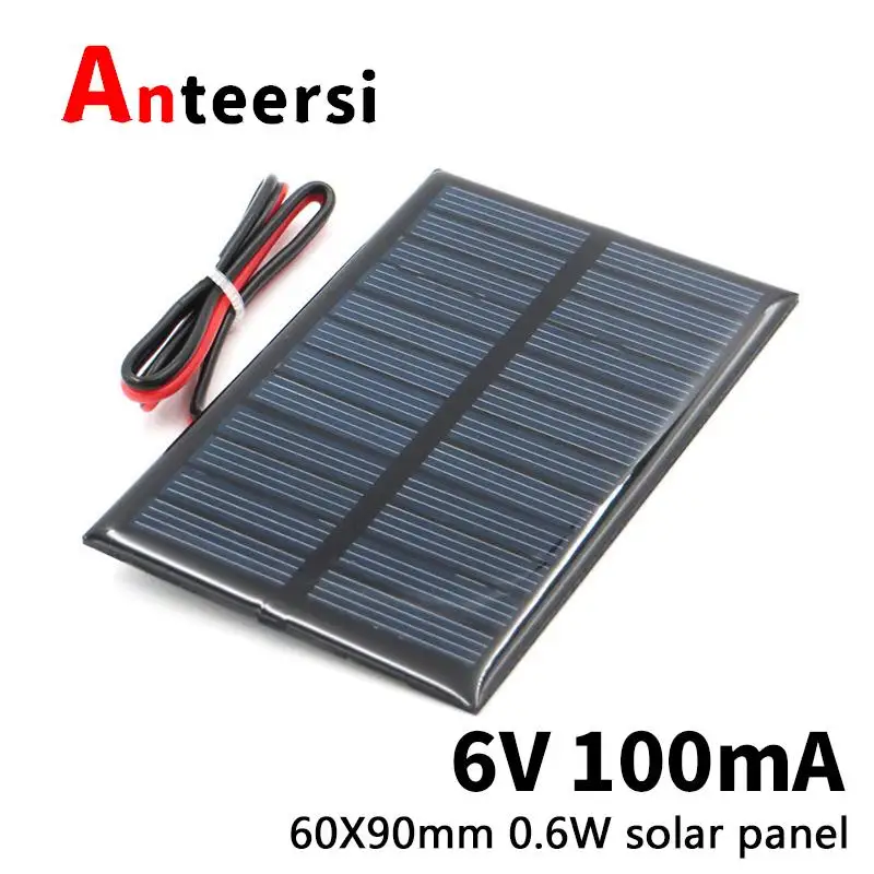 Панель Солнечная с проводом, 6 в, 0,6 Вт, 0,6 мА, 60 х9, 0 мм