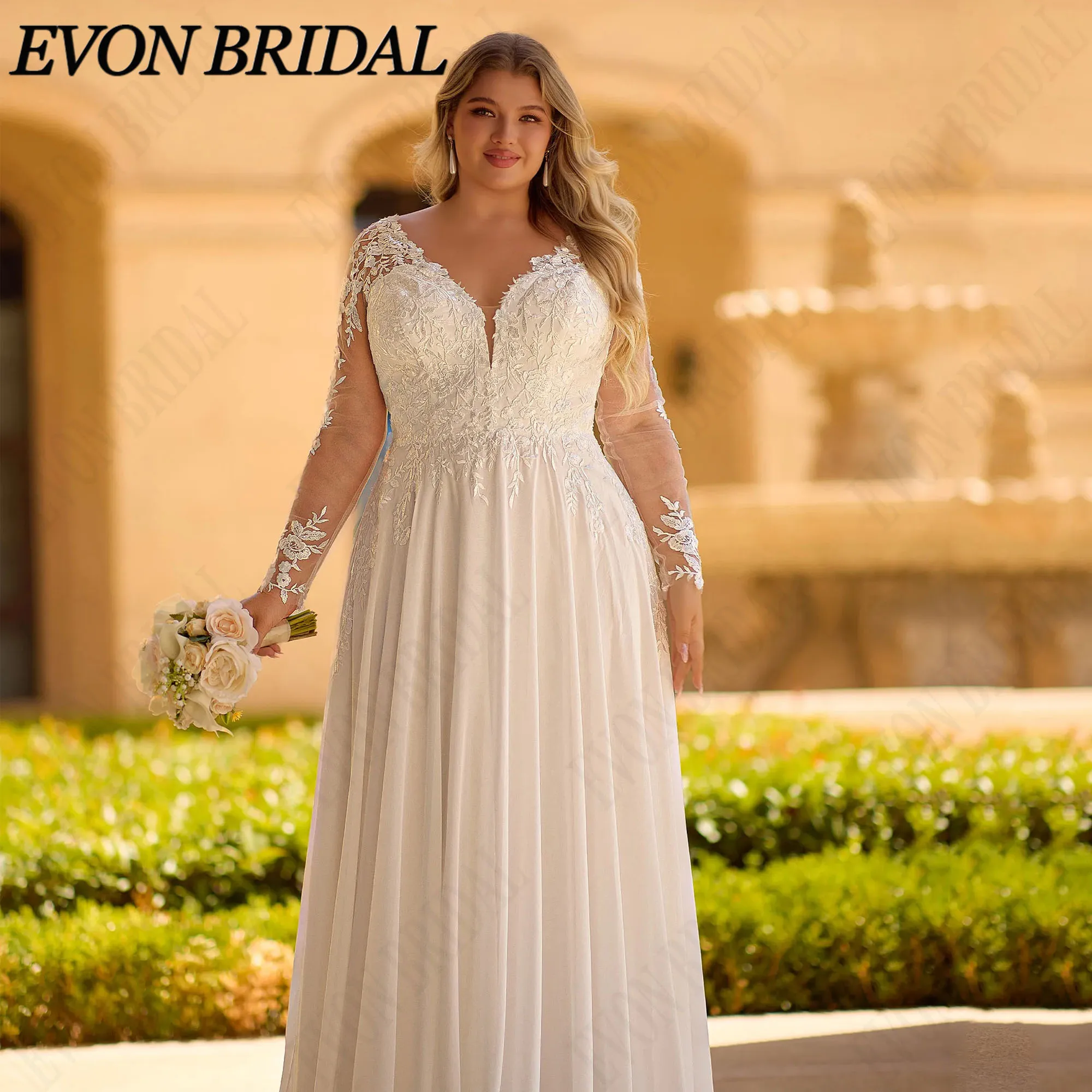 Фото EVON BRIDAL Свадебное платье кружевные аппликации длинные рукава А-силуэт шифон V-образный вырез открытая спина свадебное платье на заказ большого размера молния с пуговицами стиль бохо платье невесты №1